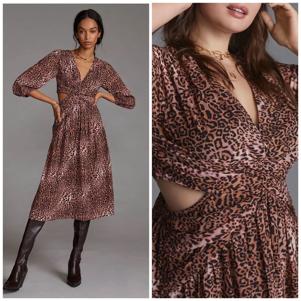 RANNA GILL Anthropologie Leopard Print Side Cut Out MIDI Dress Party Women’s M